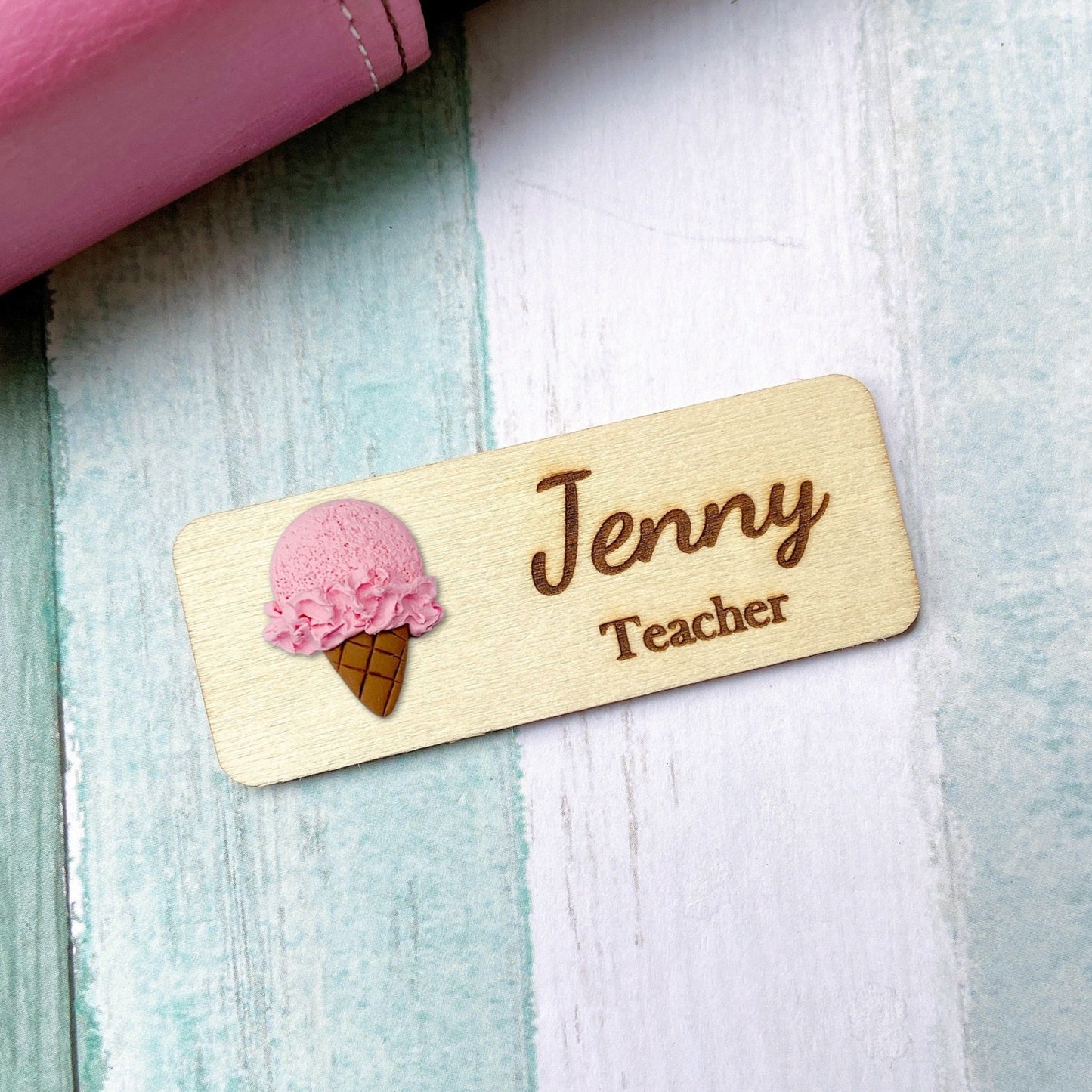 Handmade 3D Ice Cream Personalized Wooden Name Tag Badge - Chocolate (Brown)