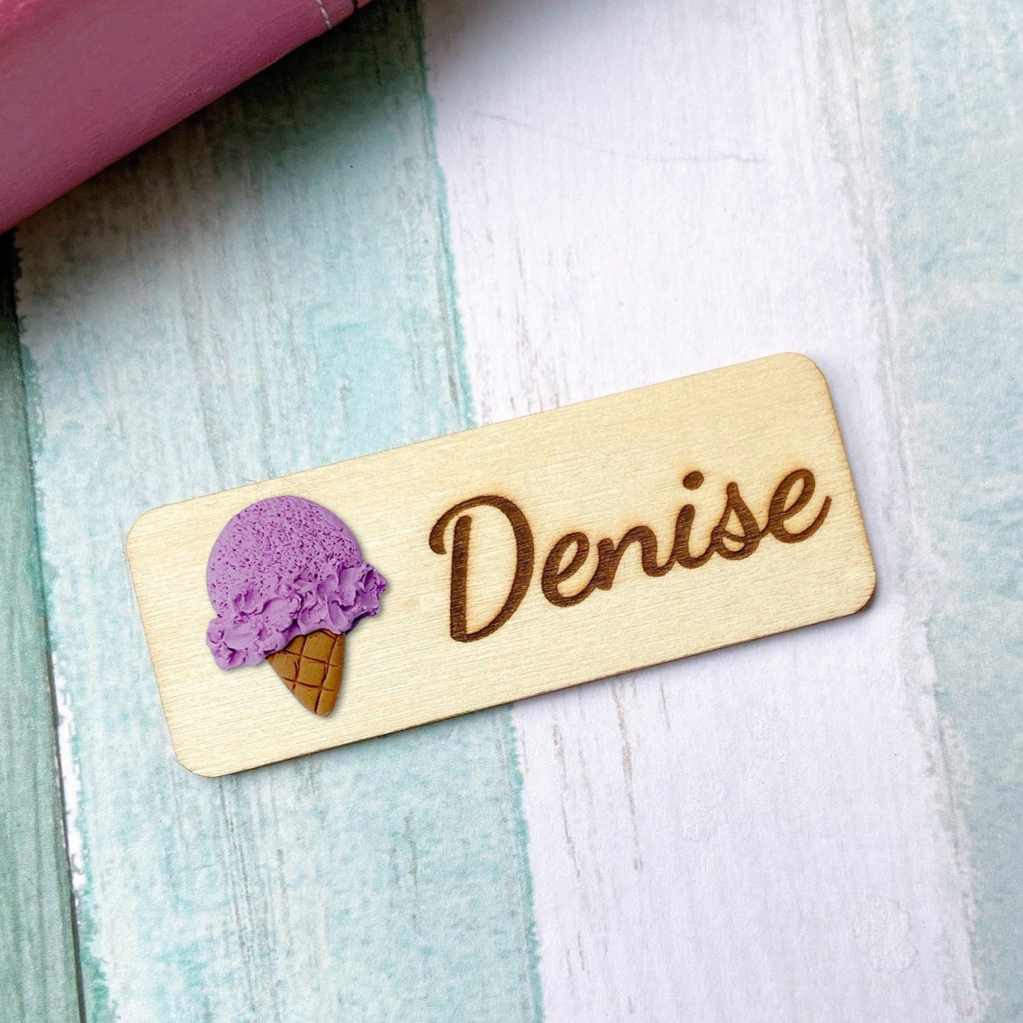 Handmade 3D Ice Cream Personalized Wooden Name Tag Badge - Chocolate (Brown)