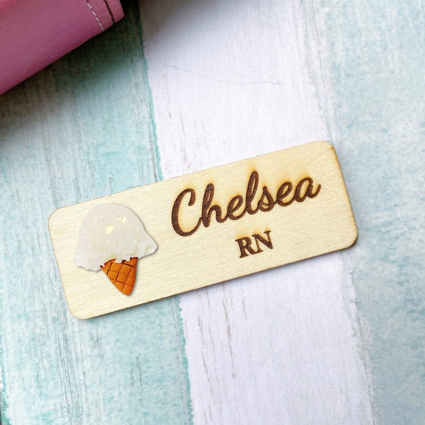 Handmade 3D Ice Cream Personalized Wooden Name Tag Badge - Chocolate (Brown)