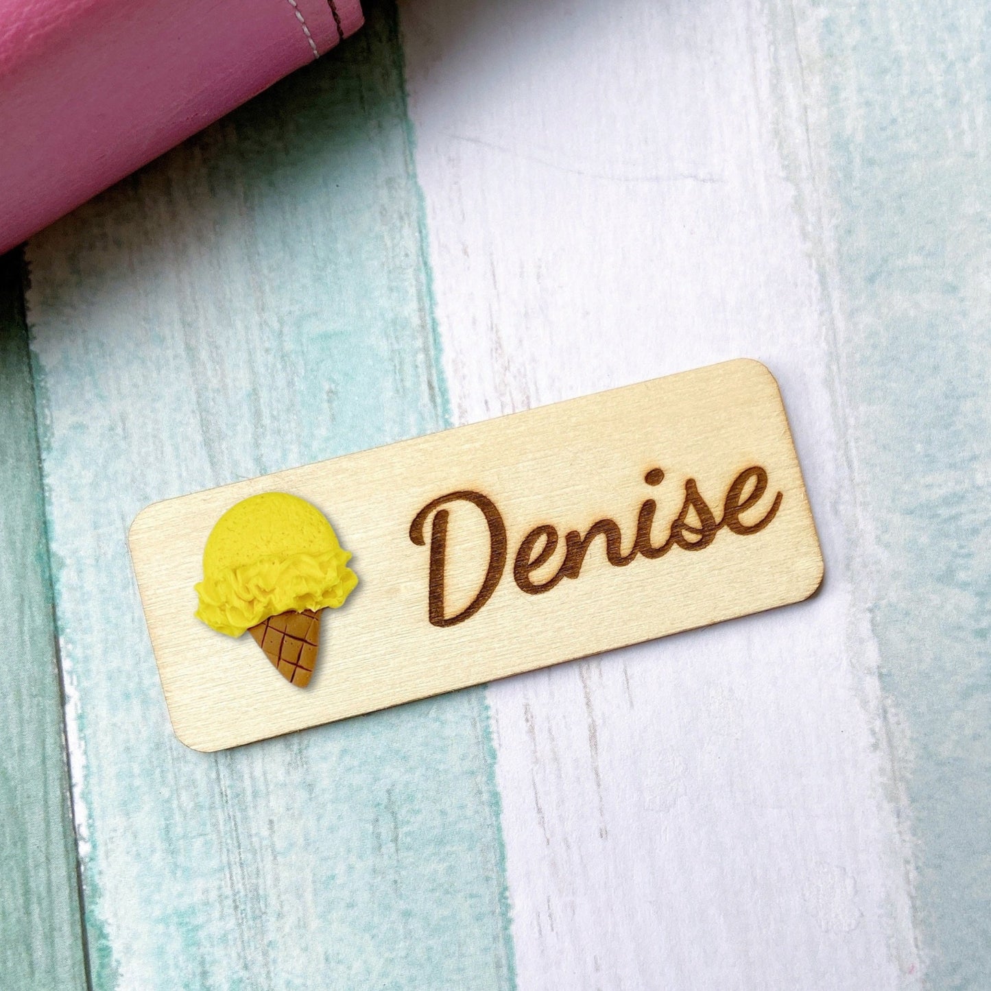 Handmade 3D Ice Cream Personalized Wooden Name Tag Badge - Chocolate (Brown)