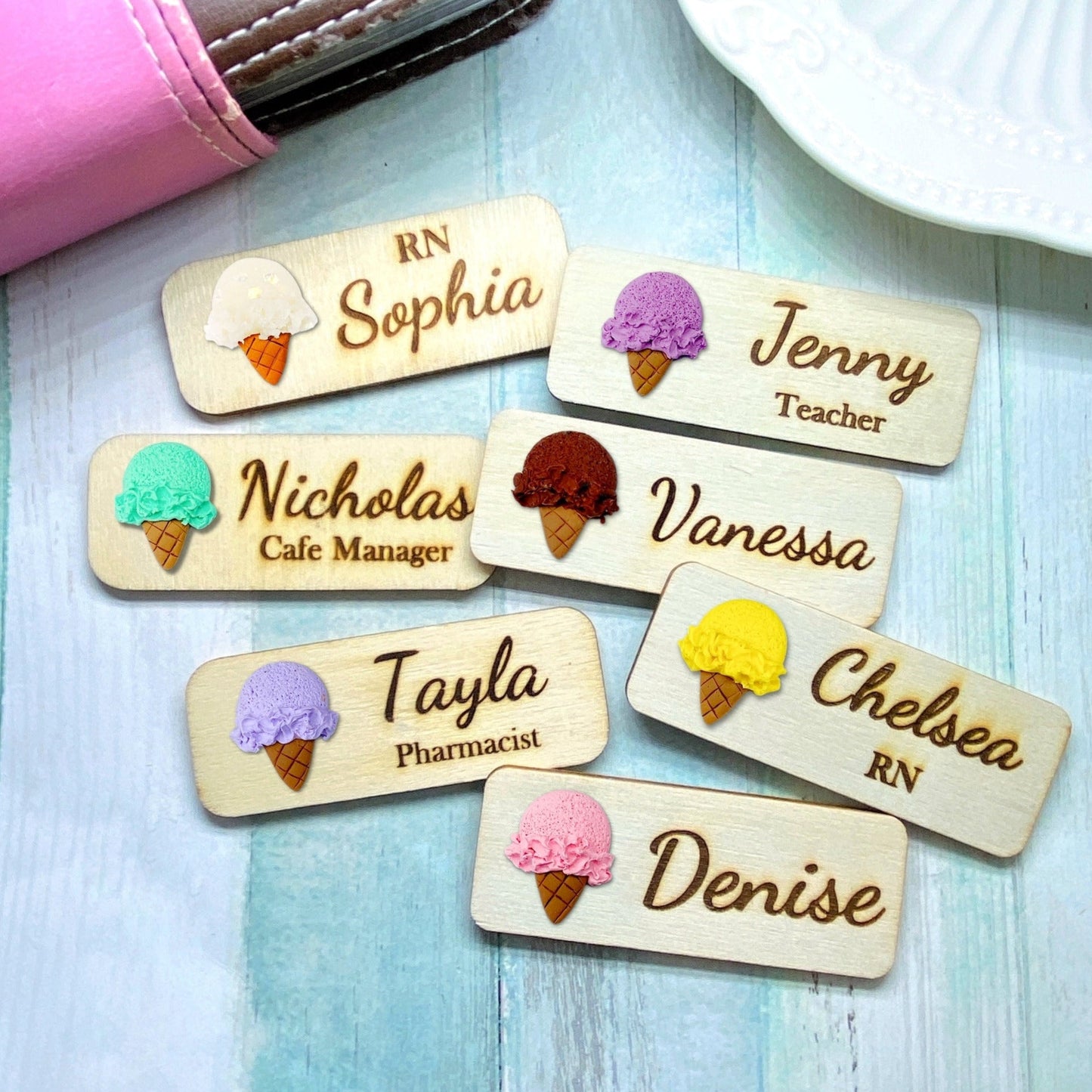 Handmade 3D Ice Cream Personalized Wooden Name Tag Badge - Mint (Green)