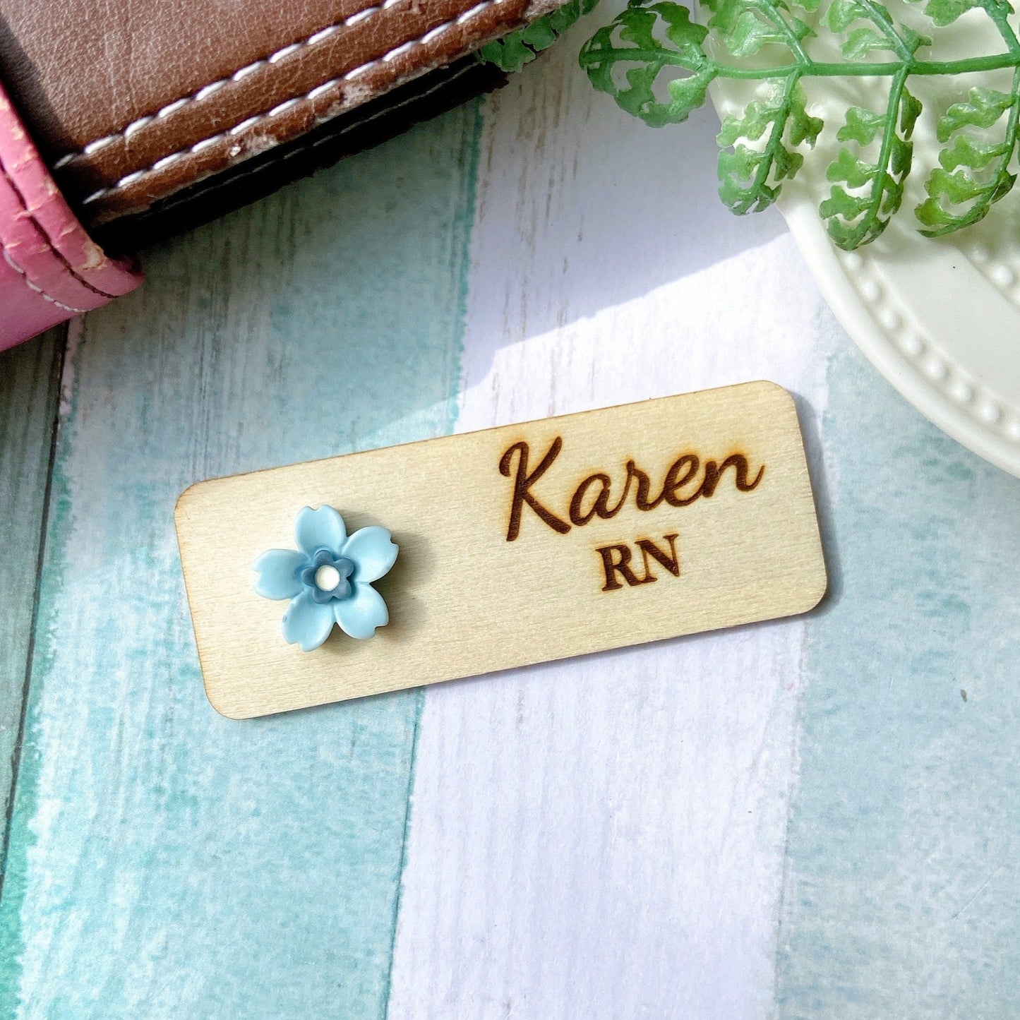 Personalized 3D Cherry Blossoms Wooden Name Tag Badge - Yellow