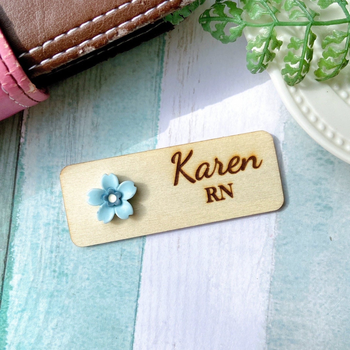 Personalized 3D Cherry Blossoms Wooden Name Tag Badge - Rose Pink