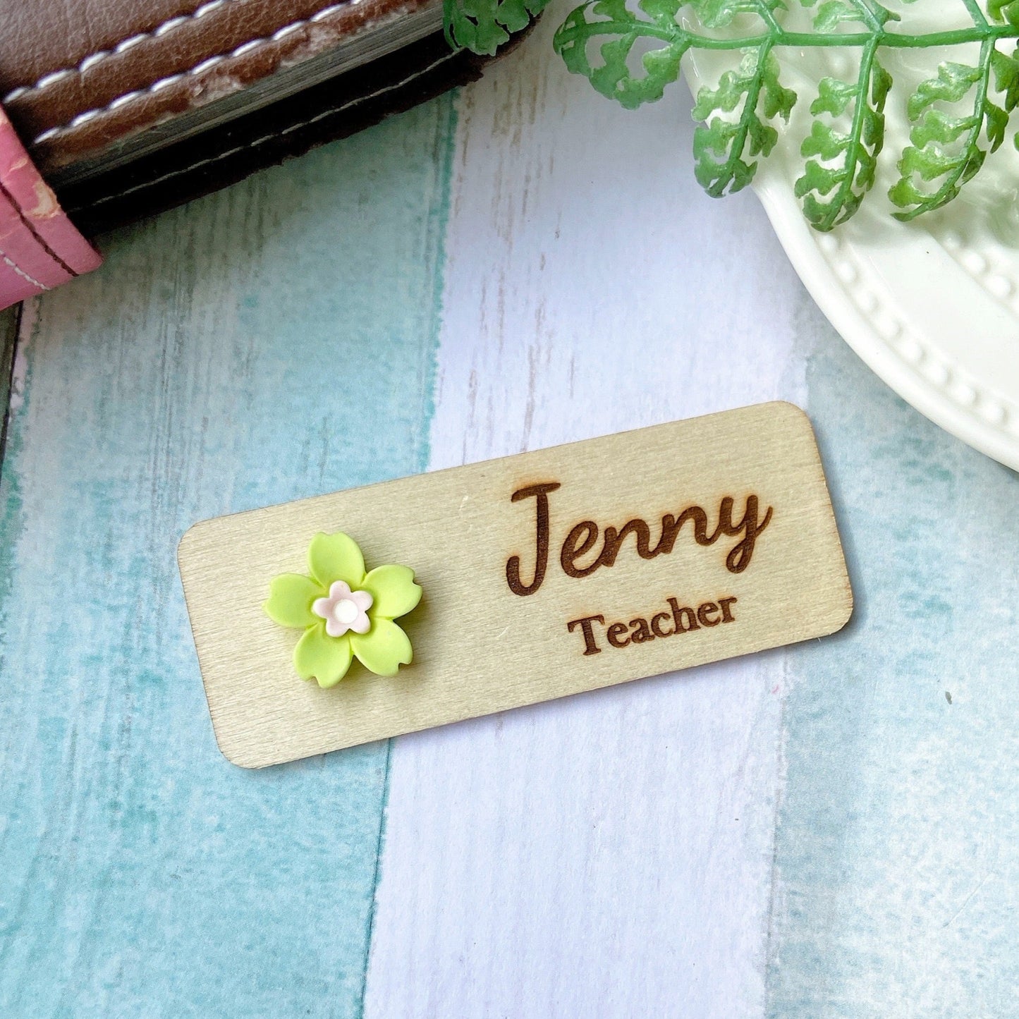 Personalized 3D Cherry Blossoms Wooden Name Tag Badge - Yellow