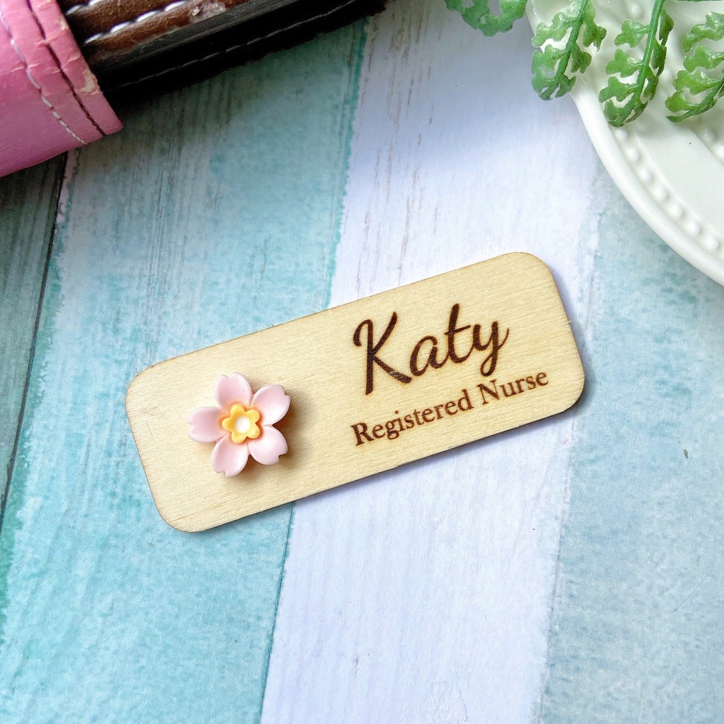 Personalized 3D Cherry Blossoms Wooden Name Tag Badge - Yellow