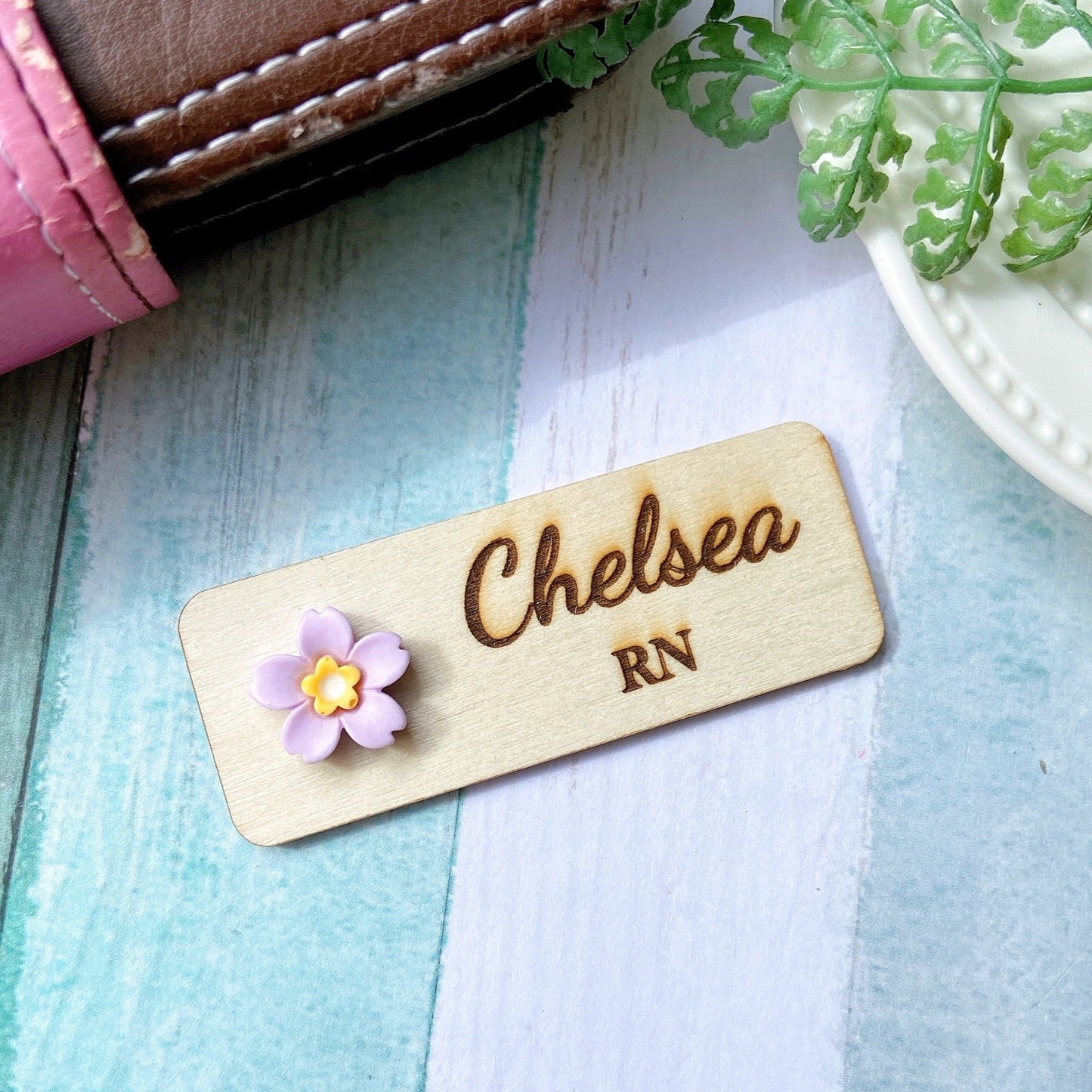 Personalized 3D Cherry Blossoms Wooden Name Tag Badge - Yellow