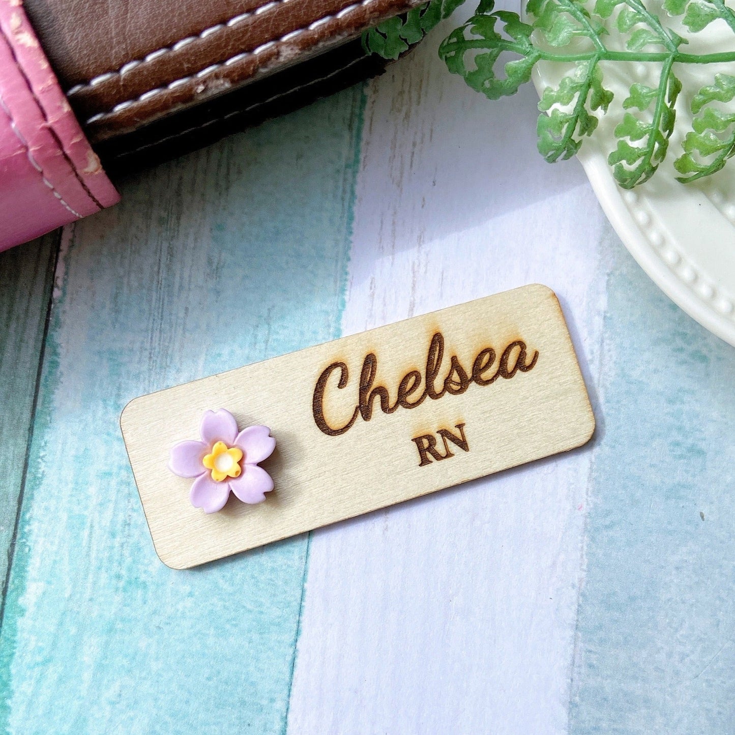 Personalized 3D Cherry Blossoms Wooden Name Tag Badge - Blue