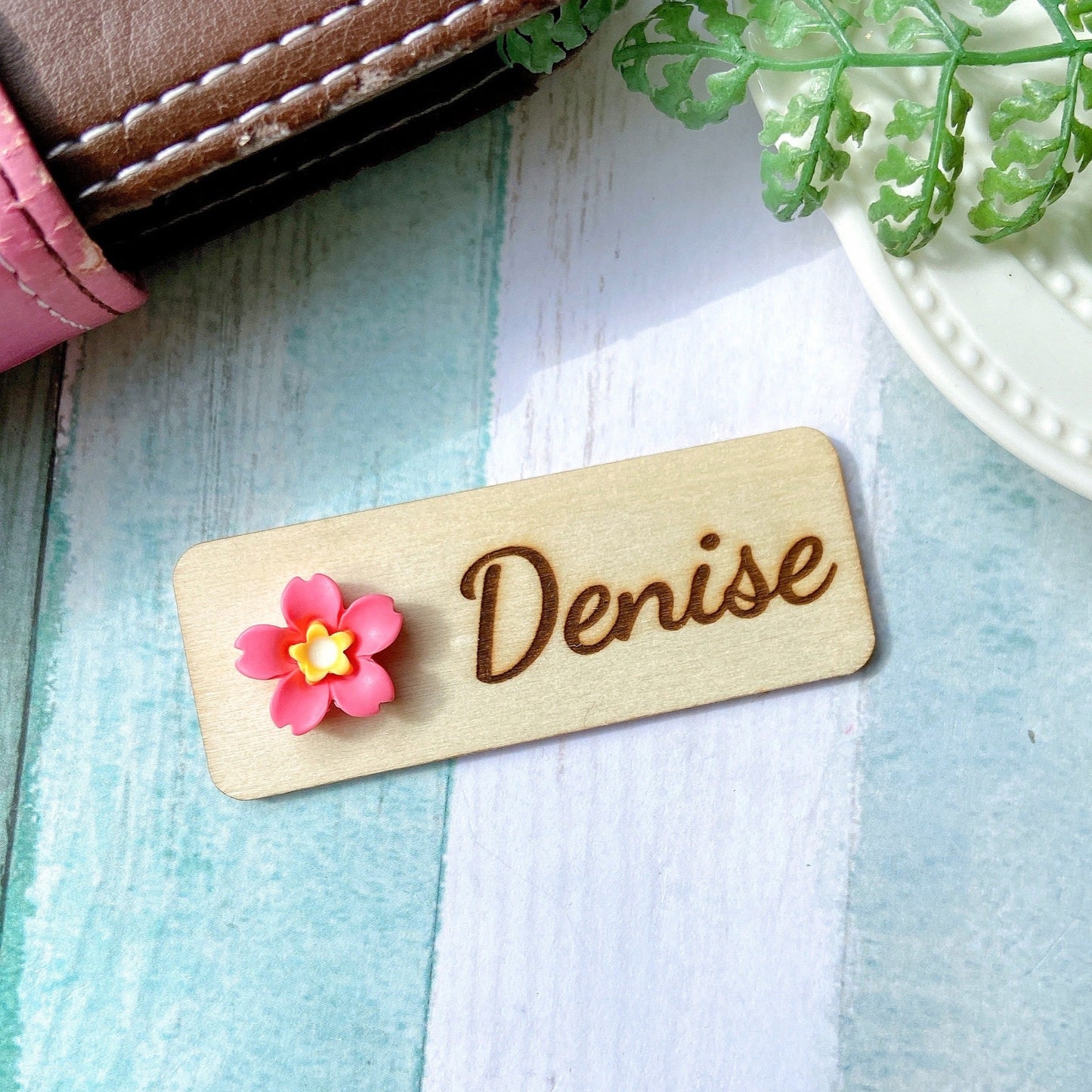 Personalized 3D Cherry Blossoms Wooden Name Tag Badge - Yellow