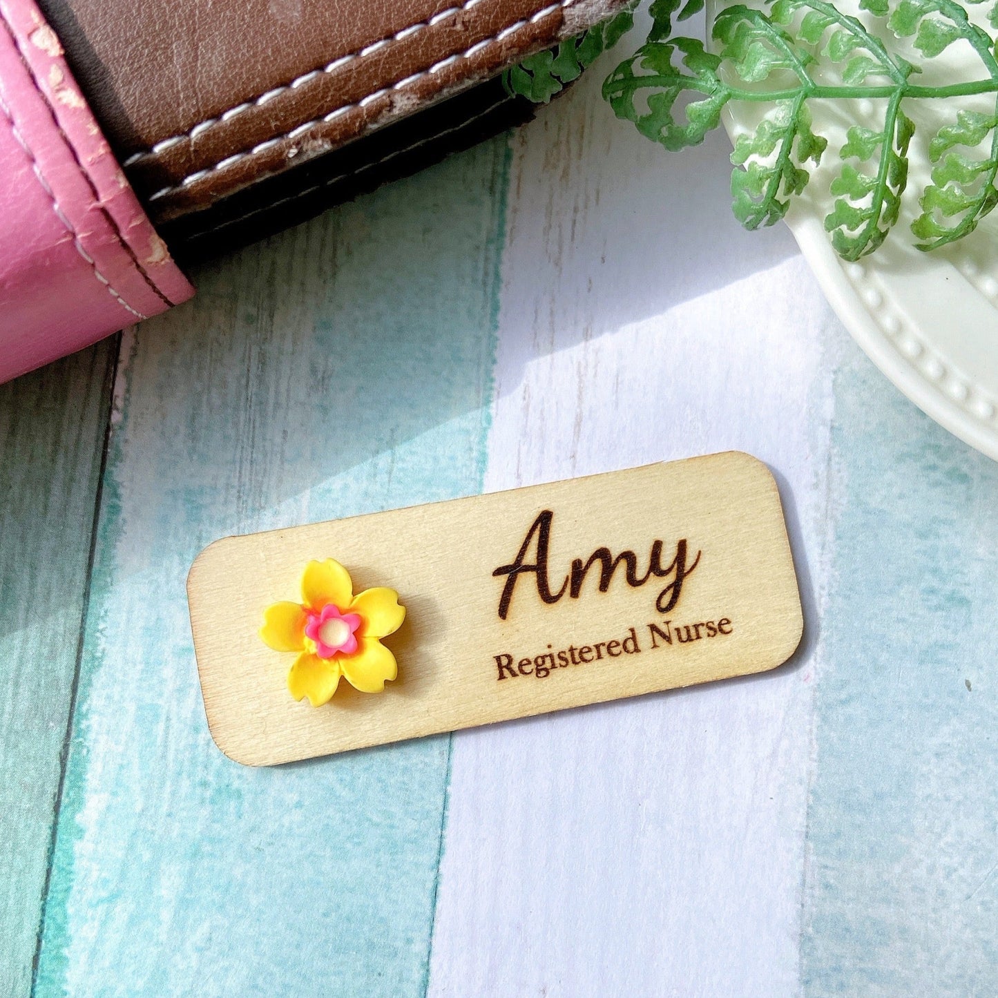 Personalized 3D Cherry Blossoms Wooden Name Tag Badge - Yellow