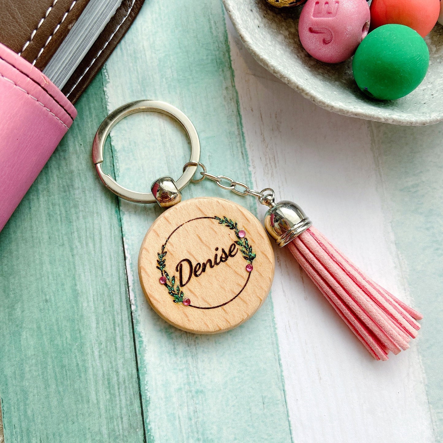 Personalized Rhinestone Wooden Custom Name Keyring