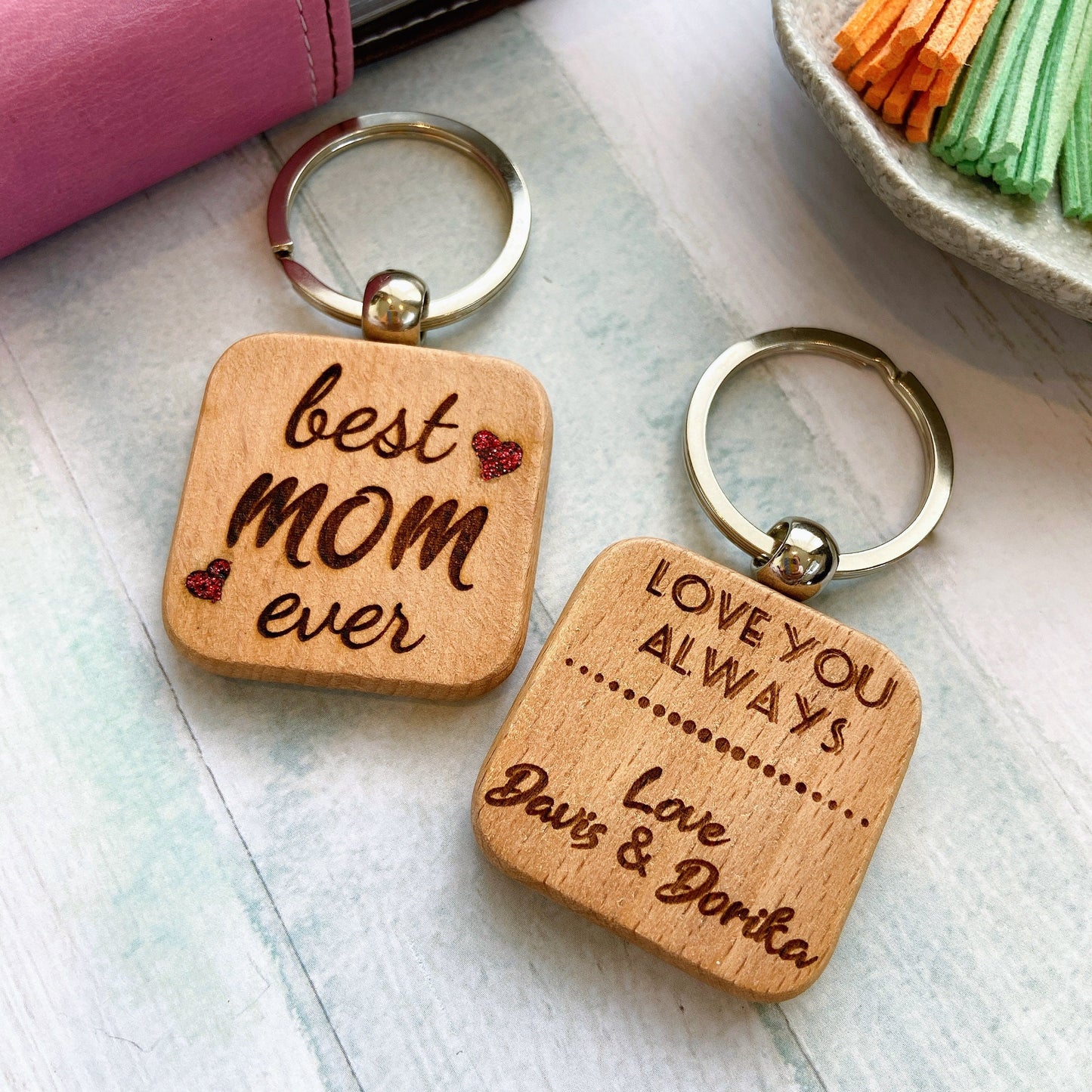 Custom Made Mom and Dad Wooden Keyring