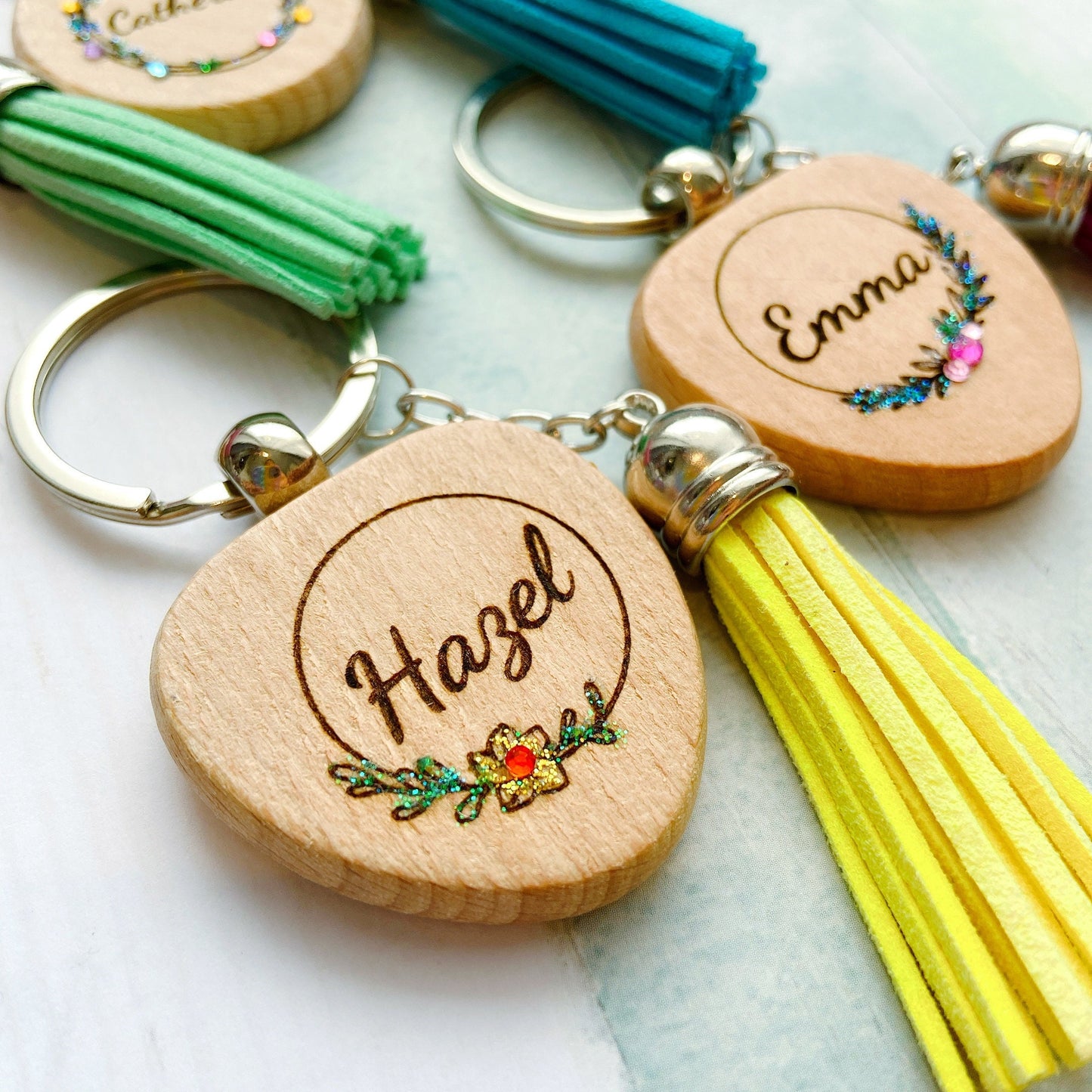 Personalized Rhinestone Wooden Custom Name Keyring