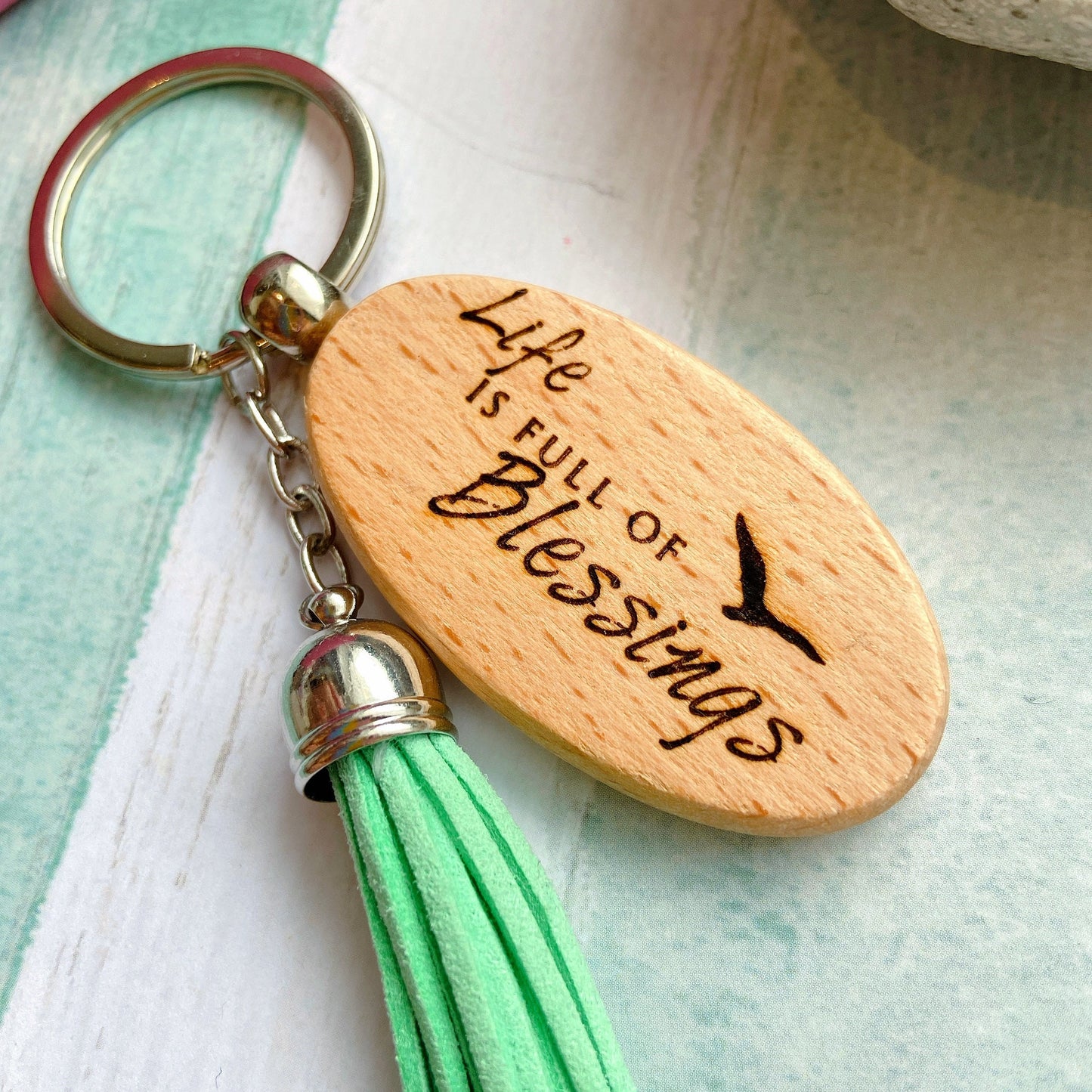 Personalized Message Wooden Tassel Keyring