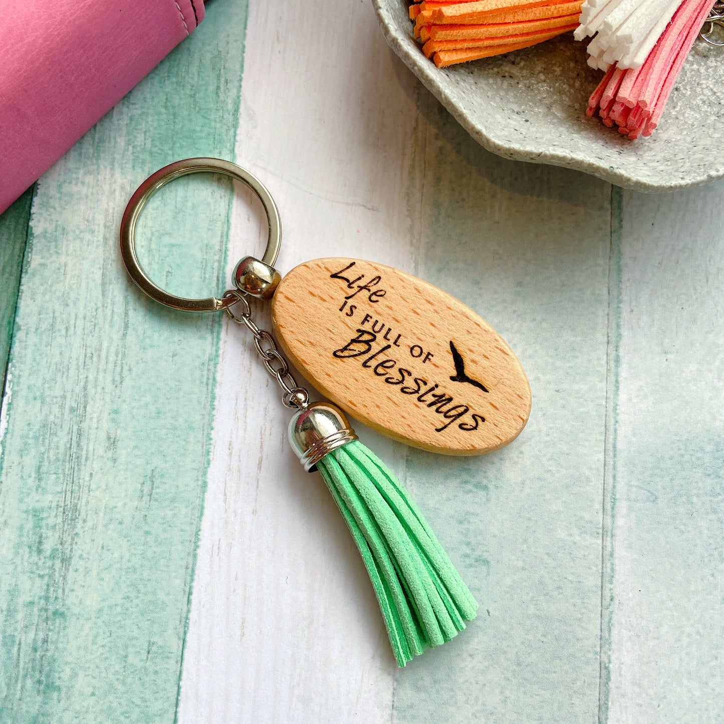 Personalized Message Wooden Tassel Keyring