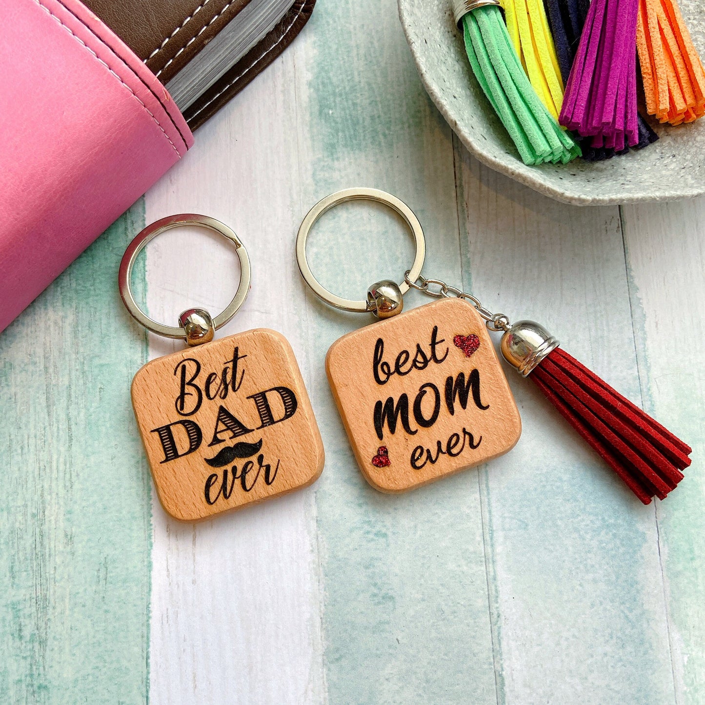 Custom Made Mom and Dad Wooden Keyring