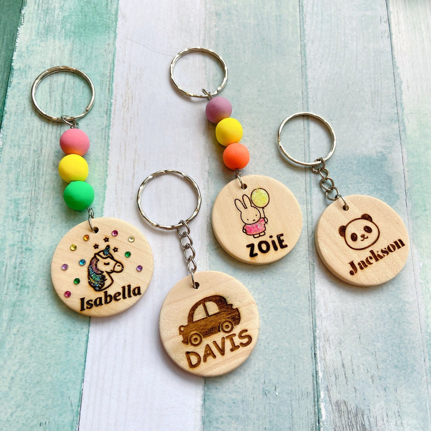 Kids Cartoon Handmade Personalized Name Wooden Keyring