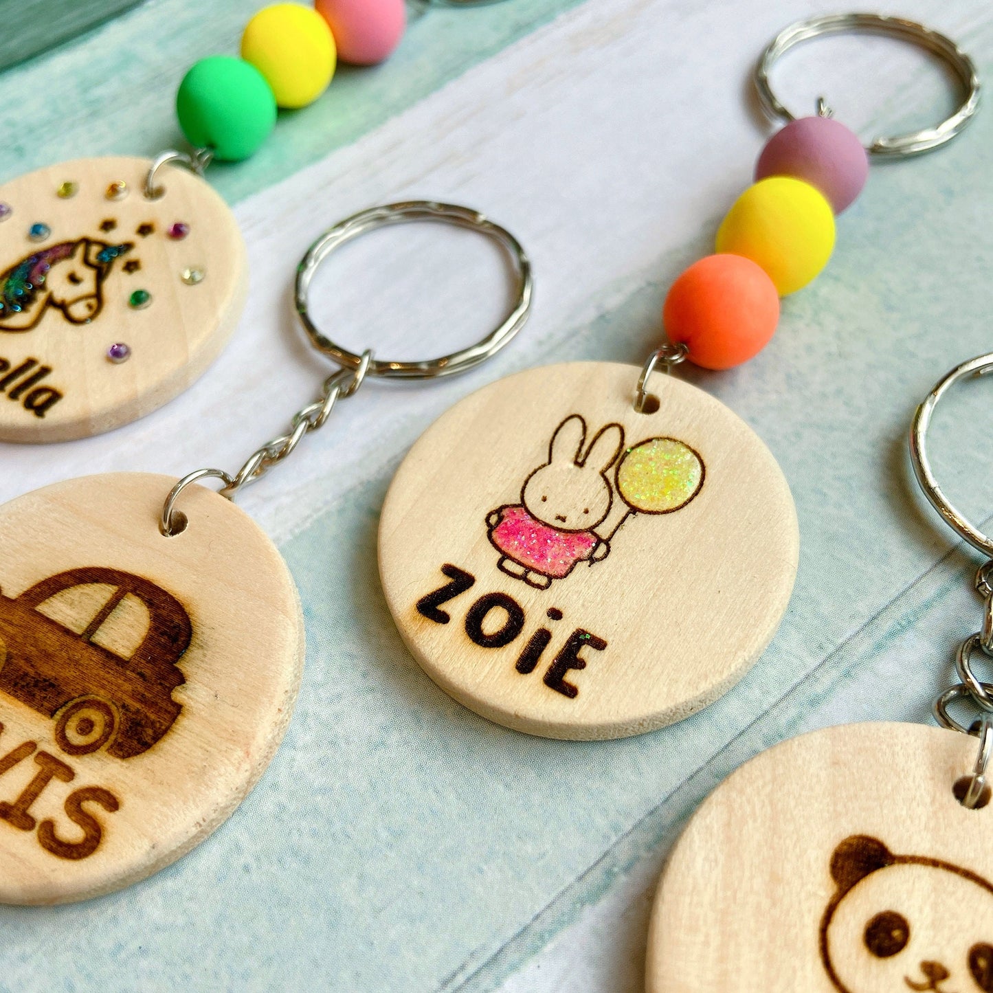 Kids Cartoon Handmade Personalized Name Wooden Keyring