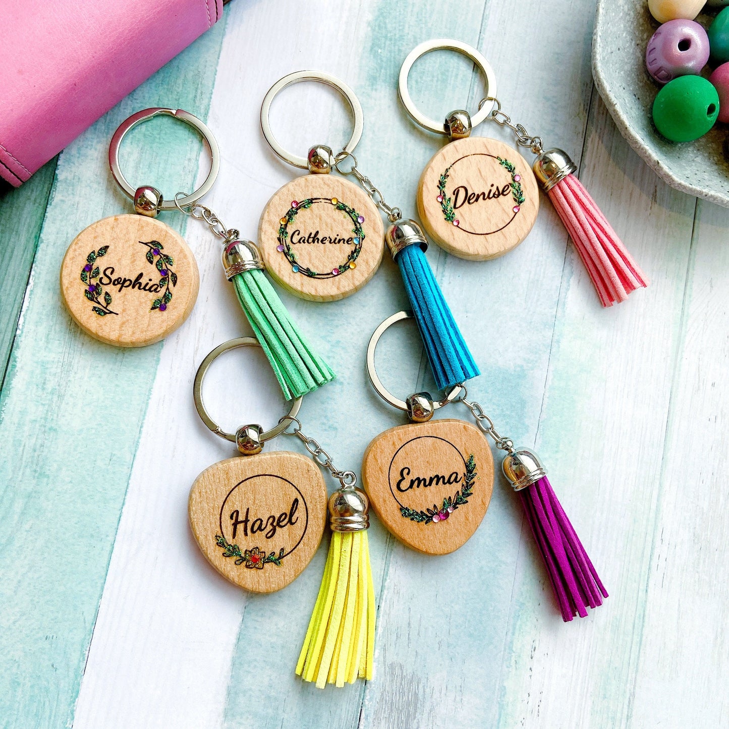 Personalized Rhinestone Wooden Custom Name Keyring