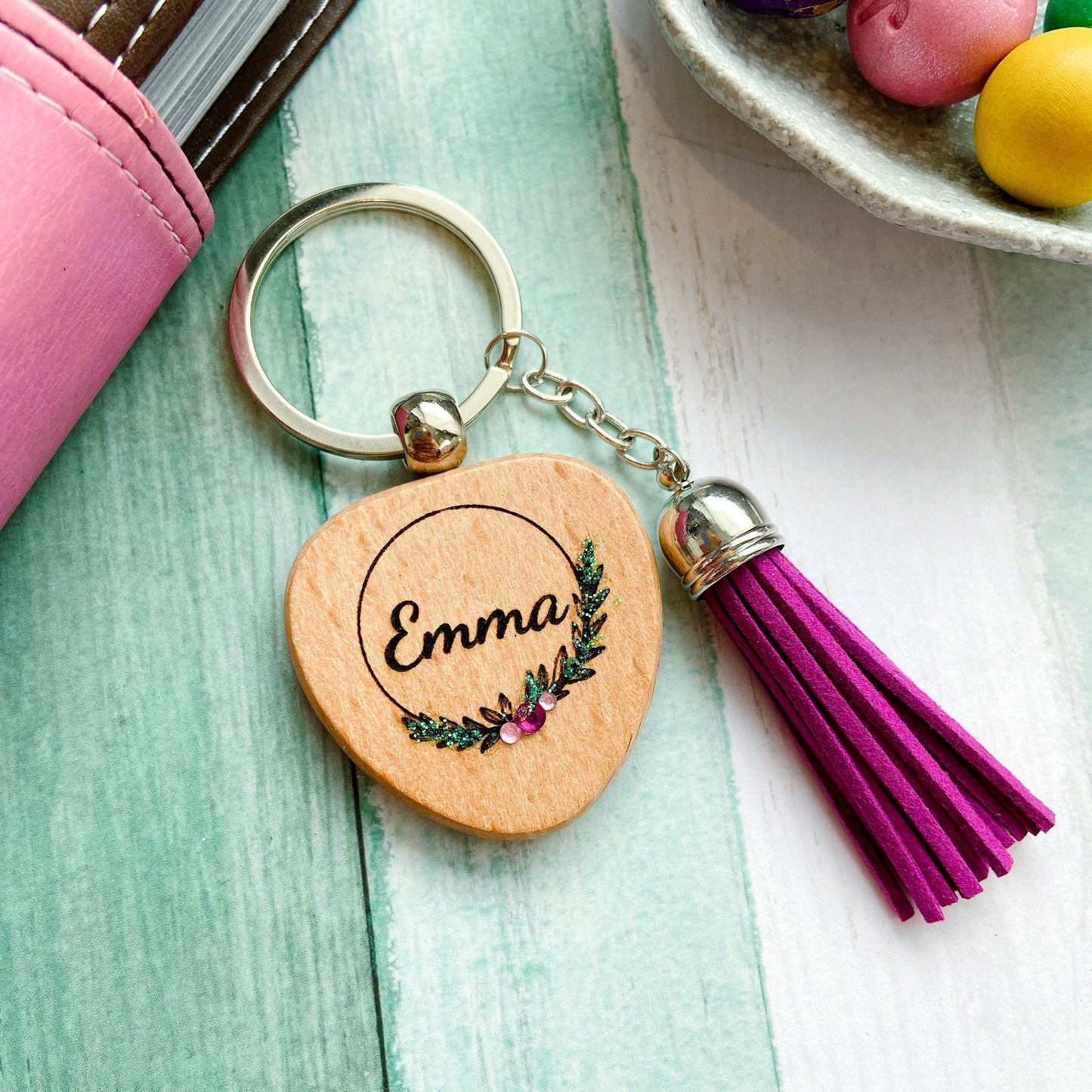 Personalized Rhinestone Wooden Custom Name Keyring