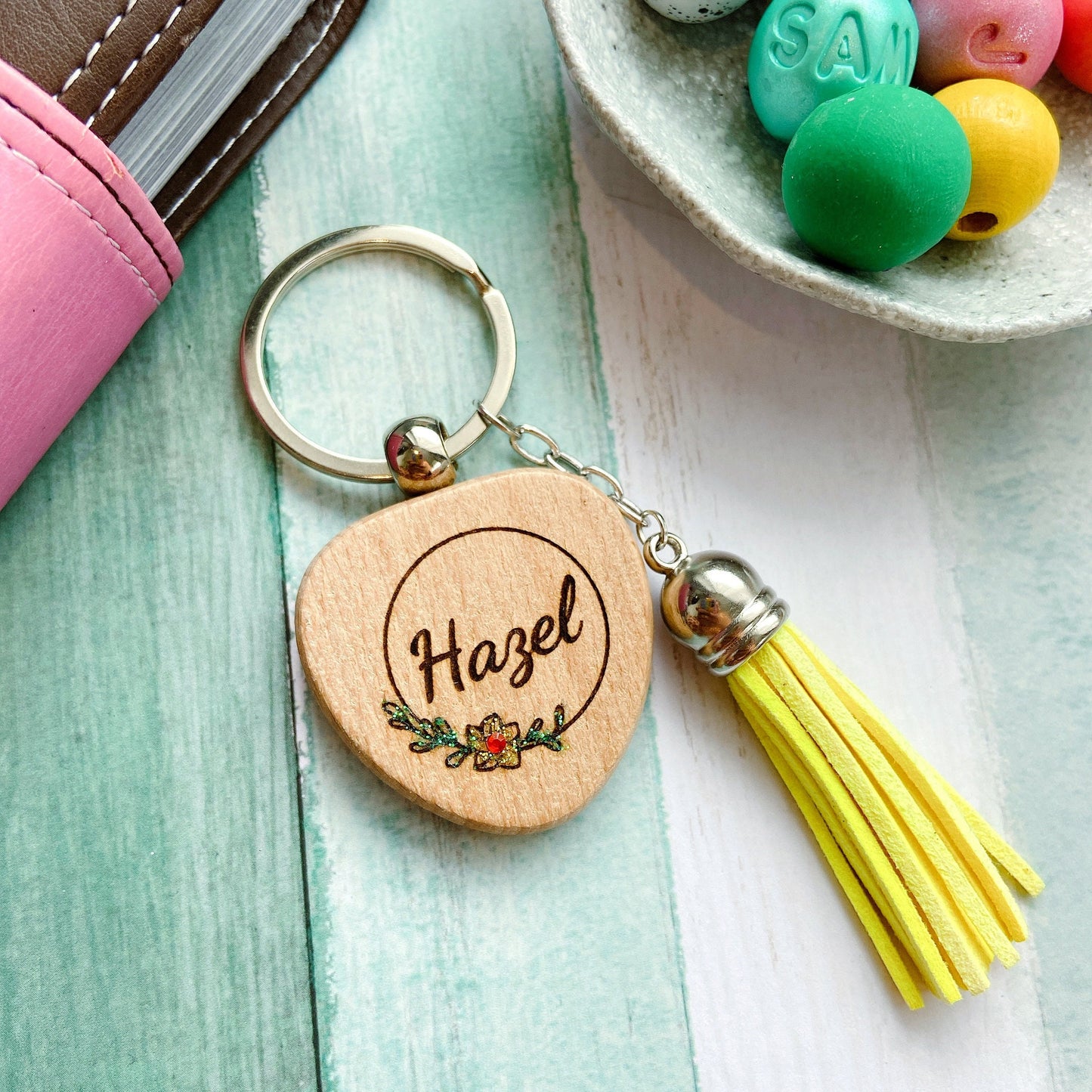 Personalized Rhinestone Wooden Custom Name Keyring