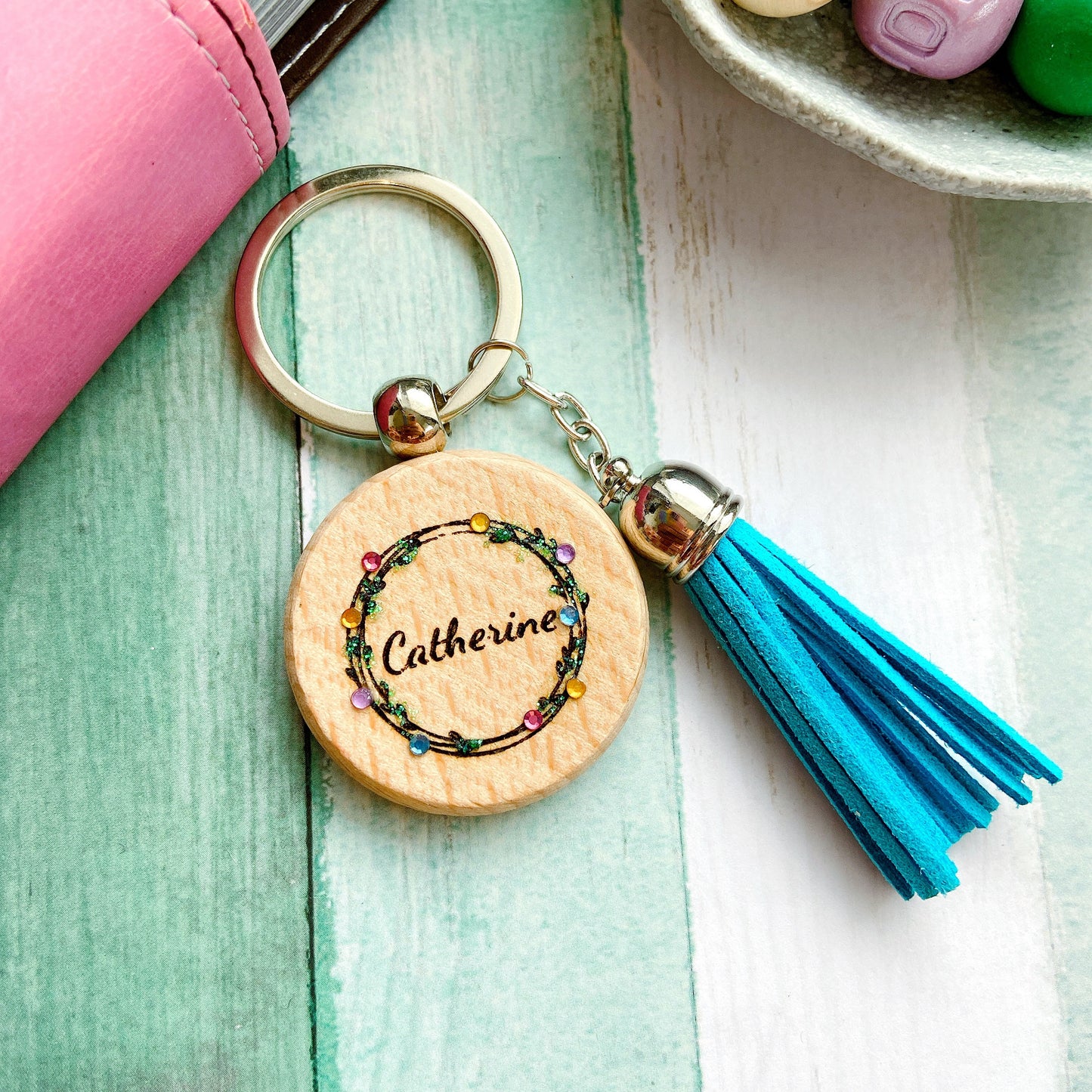 Personalized Rhinestone Wooden Custom Name Keyring