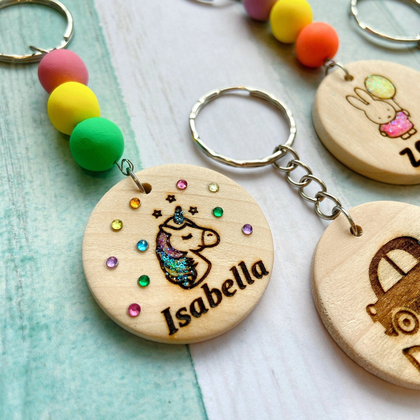 Kids Cartoon Handmade Personalized Name Wooden Keyring