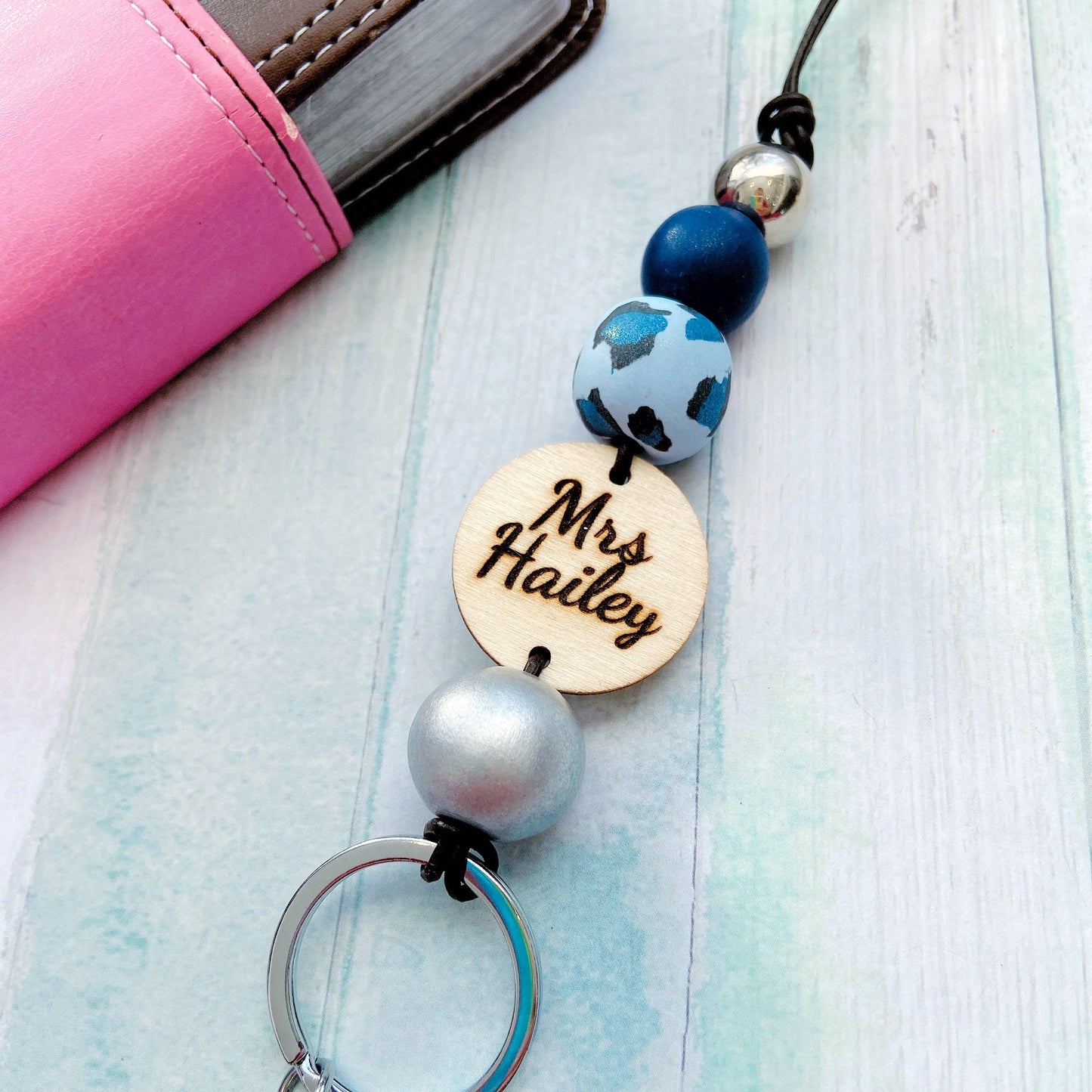 Blue Leopard Personalized Name Teacher Lanyard