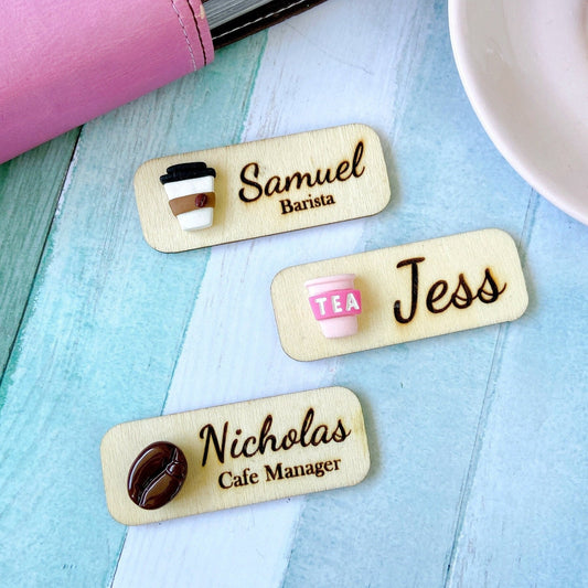 Cafe Personalized 3D Wooden Name Tag Badge - Coffee Cup